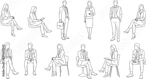 Set of business people outline sketches, professional men and women sitting and standing, corporate character poses, isolated on white background, vector