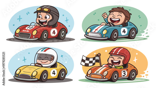 Colorful cartoon racing cars with happy drivers in different poses and outfits on a white background