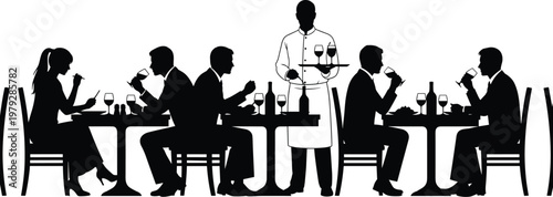Professional black silhouettes featuring people dining at restaurant tables with waiter serving isolated on white background flat vector cad drawing style illustration.
