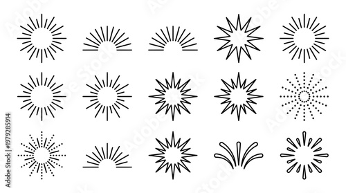Collection of black sunburst icons featuring diverse ray styles and starburst shapes for logos, branding, icons, and decorative graphic design projects.