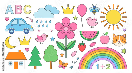 Colorful children's collage featuring ABC letters, rainbow, sun, clouds, flowers, trees, house, car, fruits, animals, and learning symbols for kids