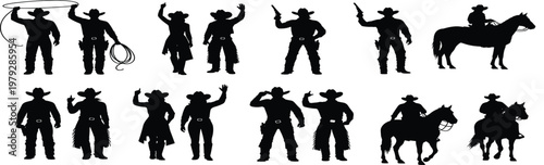 Large collection of cowboy silhouettes featuring riders on horseback men with lassos and western characters in hats isolated on white background for wild west design.