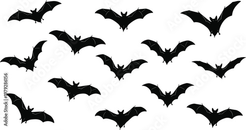 Flying bat silhouettes set, different wing positions isolated on white background, Halloween decoration, spooky atmosphere, nocturnal wildlife concept, gothic vector design elements, creepy, mammals.