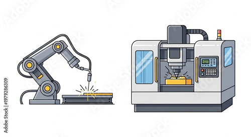 Industrial robot arm and CNC machine illustration.