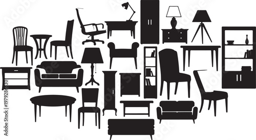 Collection of various furniture items in black silhouette style