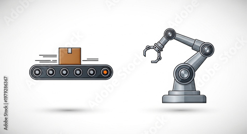 Automated Robotic Arm and Conveyor Belt with Box.