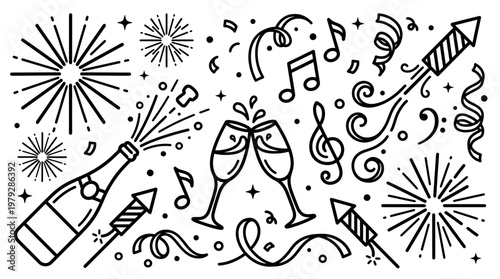 Black-and-white celebration illustration featuring champagne bottle, party poppers, confetti, masks, and music notes in a festive line-art scene