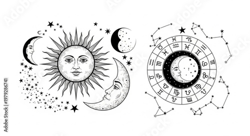 Celestial Sun Moon Zodiac Astrology Symbols.
