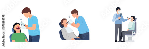 A flat minimalist vector illustration of a dentist checking teeth, no stroke lines, white background