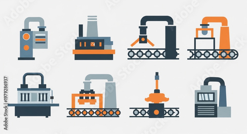 Collection of Industrial Factory Machines and Equipment Icons.