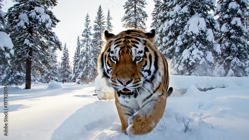 A majestic siberian tiger running through deep snow in a winter forest
