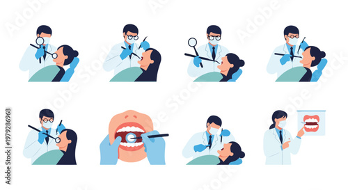 A clean minimalist flat vector of a dentist examining teeth, no outlines, white background