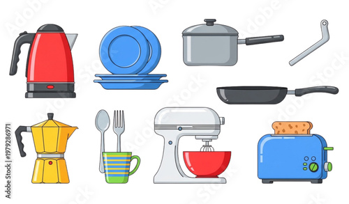 Kitchen utensils vector set with kettle pan toaster and cooking tools cartoon