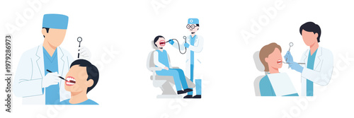 A clean minimalist flat vector of a dentist examining teeth, no outlines, white background