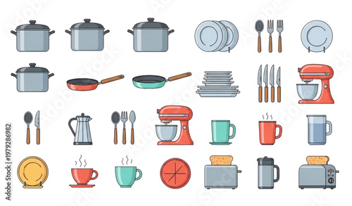 Kitchen tools and utensils vector collection with cookware and appliances