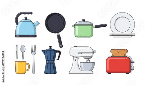 Cartoon kitchen utensils vector set with cookware and appliance icons