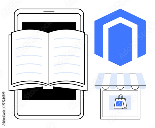 Education technology, e-commerce, online retail, digital resources, virtual learning, web platforms. Smartphone with an open book, store icon and shopping bag. Education technology and e-commerce