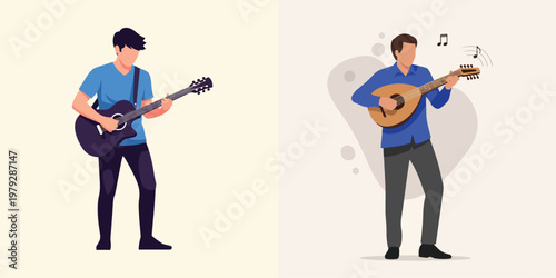 A flat minimalist vector illustration of a musician playing an instrument, simplified forms, no outlines, white background
