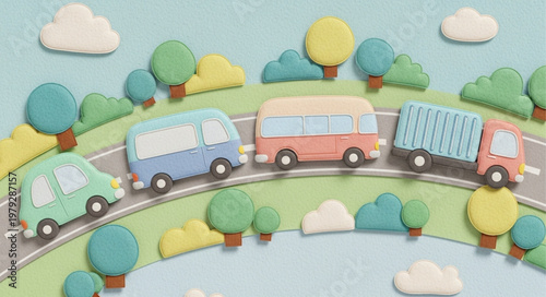 Cute cartoon vehicles driving on a road with trees and clouds.