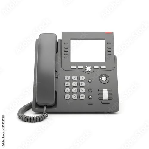 Isolated modern gray office desk phone with handset and blank display screen, business communication and enterprise connectivity