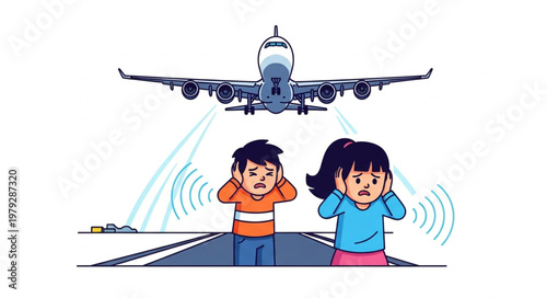 Children covering ears from loud airplane noise during takeoff.