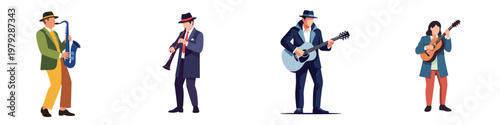 A flat minimalist vector illustration of a musician playing an instrument, simplified forms, no outlines, white background