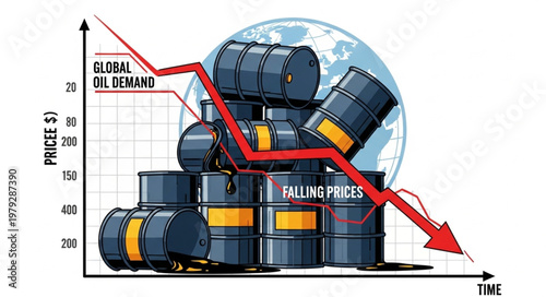 Global oil demand crisis depicted with falling price graph and barrels.