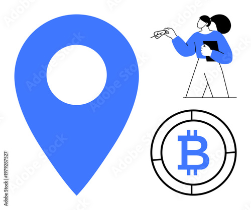 Cryptocurrency, blockchain, fintech, geolocation, digital economy, finance. A blue geolocation pin, Bitcoin symbol in a circle and a person holding a pen and notebook. Cryptocurrency and blockchain