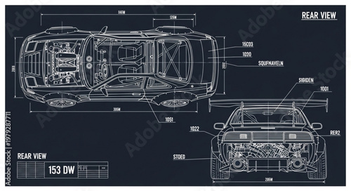 Detailed blueprint of a futuristic car with rear and top views.