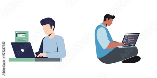 A flat minimalist vector illustration set of a programmer coding on a laptop, modern flat design, no linework, white background