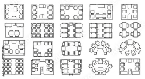 Collection of architectural floor plans for various rooms and buildings.