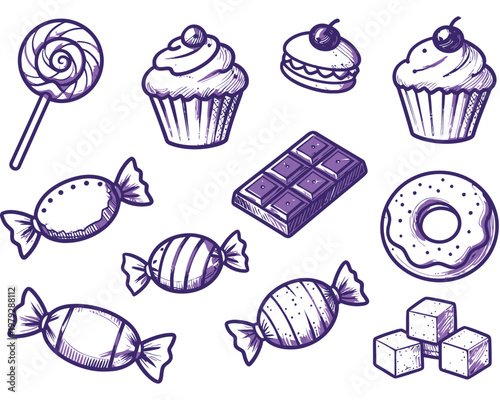 Sweet Delights A Whimsical Hand-Drawn Collection of Candies, Cupcakes, and Chocolate Treats
