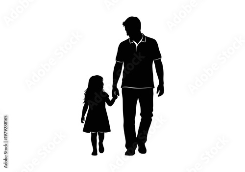 Silhouette of Father and Daughter Holding Hands and Walking Together Isolated on White Background