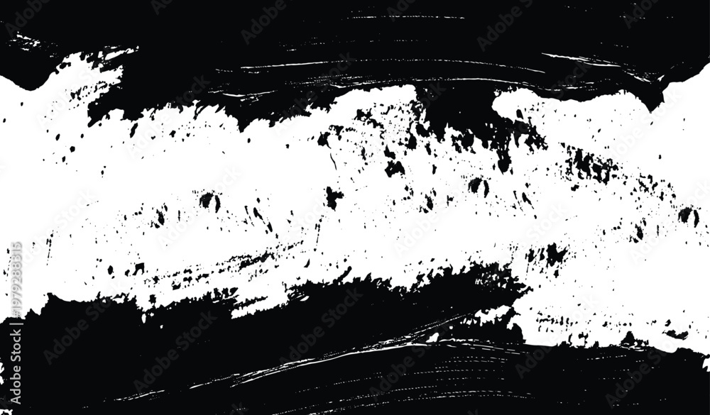 Obraz premium Abstract background with diagonal gray brush strokes and scattered dark particles on a white surface. Black brushstroke against white background