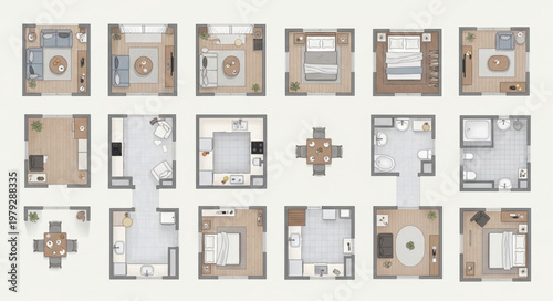 Collection of diverse interior design floor plans for homes.