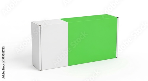 Isolated rectangular cardboard mailer box, green and white paper packaging for delivery, shipping supply, e-commerce parcel mockup