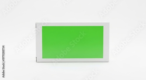 Isolated rectangular cardboard medicine box with blank green label for pharmaceutical branding, healthcare packaging mockups