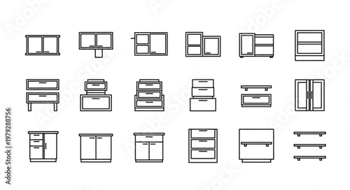 Collection of cabinet and drawer line art icons.