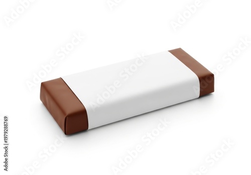 Isolated rectangular chocolate bar with blank white paper wrapper mockup, confectionery packaging design, candy branding template
