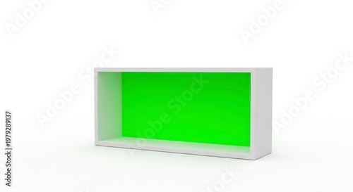 Isolated rectangular wall shelf unit with a lime green back panel, modern interior furniture for home display storage