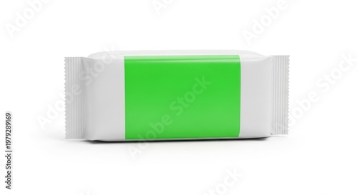 Isolated rectangular wet wipes flow pack with green label, packaging mockup for personal hygiene products, skincare, sanitation