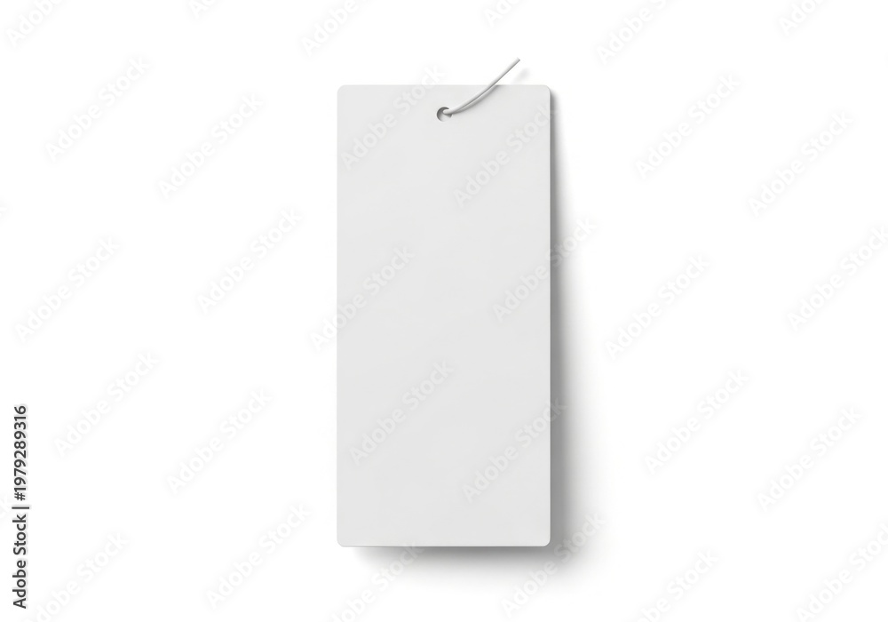 Fototapeta premium Isolated rectangular white clothing tag with attachment string, blank space for branding, retail price label mockup