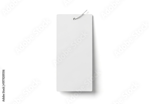 Isolated rectangular white clothing tag with attachment string, blank space for branding, retail price label mockup