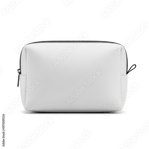 Isolated rectangular white cosmetic makeup bag with zipper closure, beauty accessory for travel organization and storage