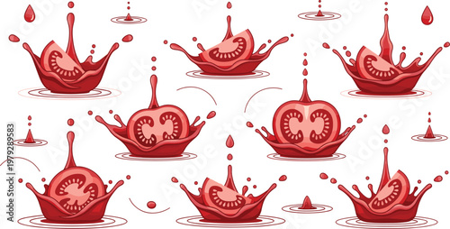 Tomato Splash Vector Illustration Set with Red Liquid Drops and Fresh Vegetable Slice Dynamic Food Elements Collection