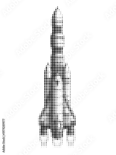 Rocket, halftone vector illustration of a rocket, in retro comic book style with bold dotted texture. Black and white image isolated on white background. Space.