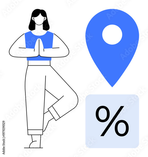 Wellness, mindfulness, navigation, discounts, fitness, lifestyle. Illustration of a woman in a yoga pose alongside a location pin and percentage symbol. Wellness and navigation concept