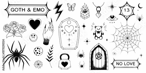 Canvastavla Collection of gothic and emo themed tattoo flash designs in black ink