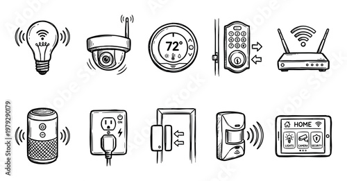 Smart home devices and internet of things icons in a hand-drawn doodle style illustrating various modern connected technologies for automation.