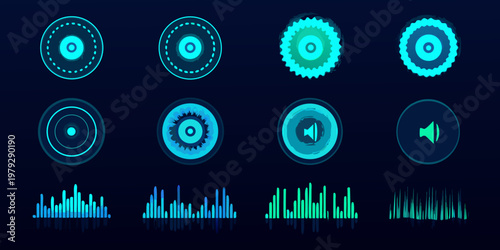 Photos Abstract blue neon sound wave and audio icons collection
